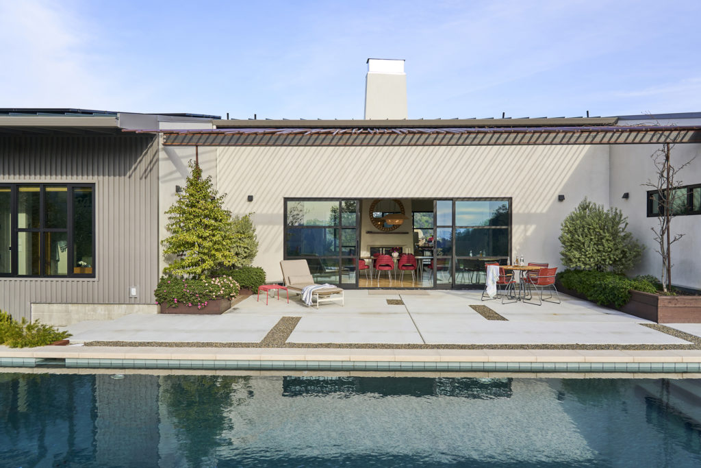 Patio and pool in backyard of California home