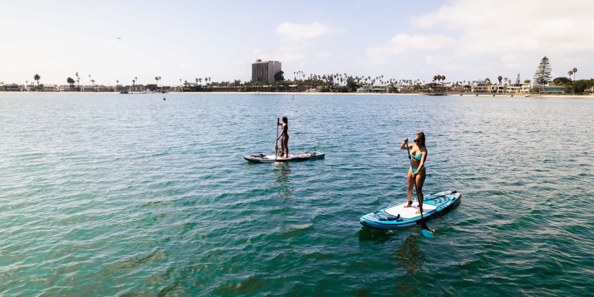 two people stand on two paddle boards that float on the water while they use oars to move