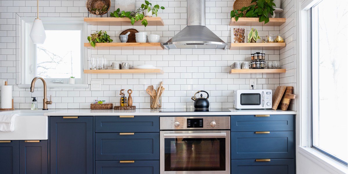 Kitchen Blue Cabinets Subway Tile