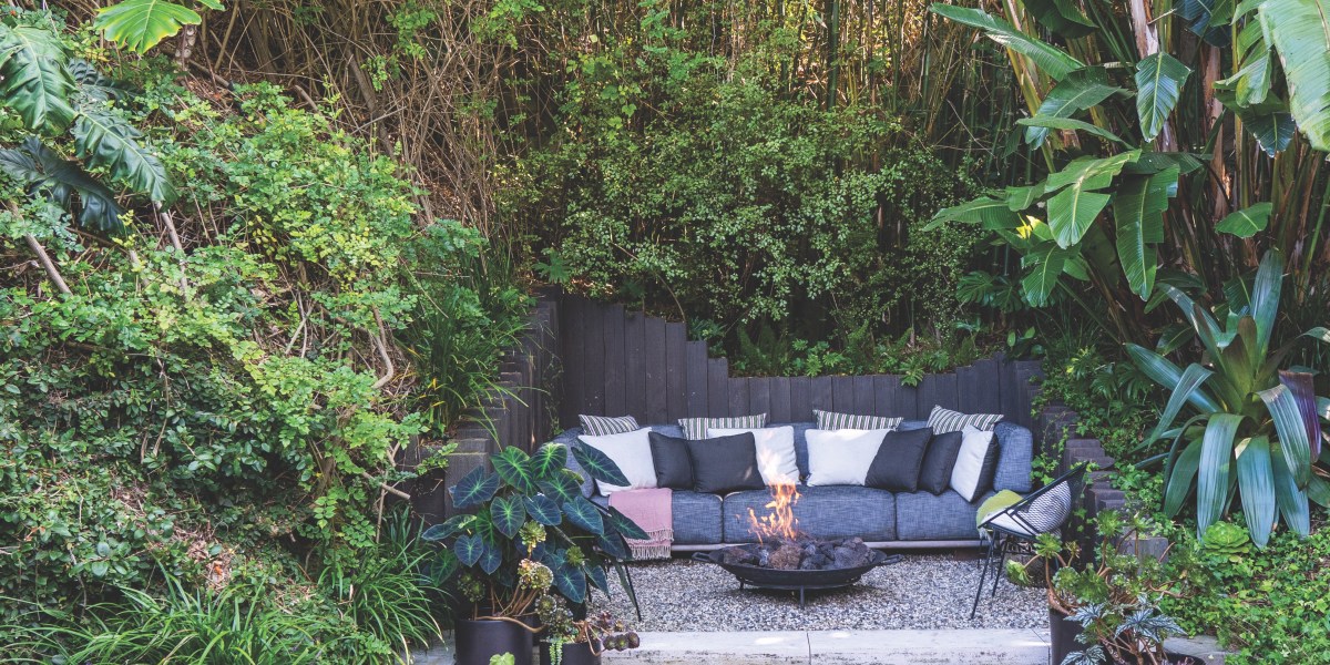 La Jolla outdoor living room fire pit gravel patio