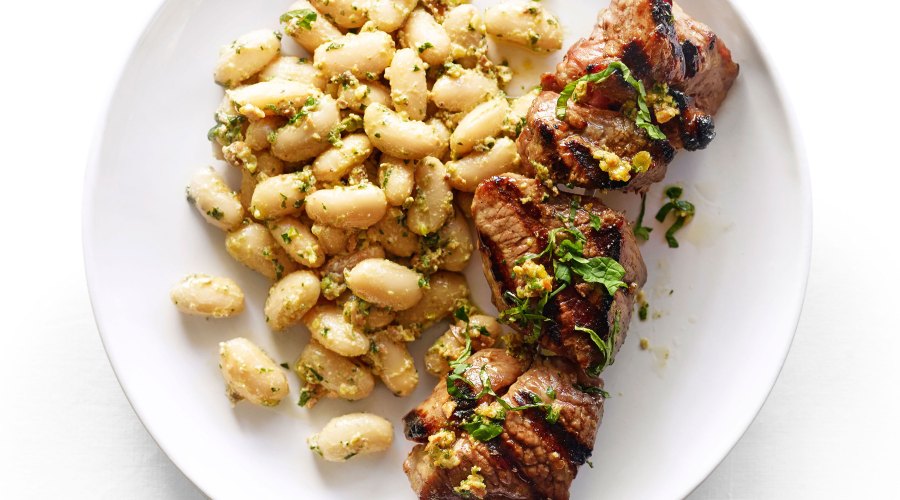 Grilled Lamb Kebabs with Pistachio-Mint Salsa