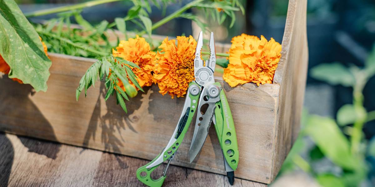 Leatherman Garden Tool Propped up Next to Toolbox