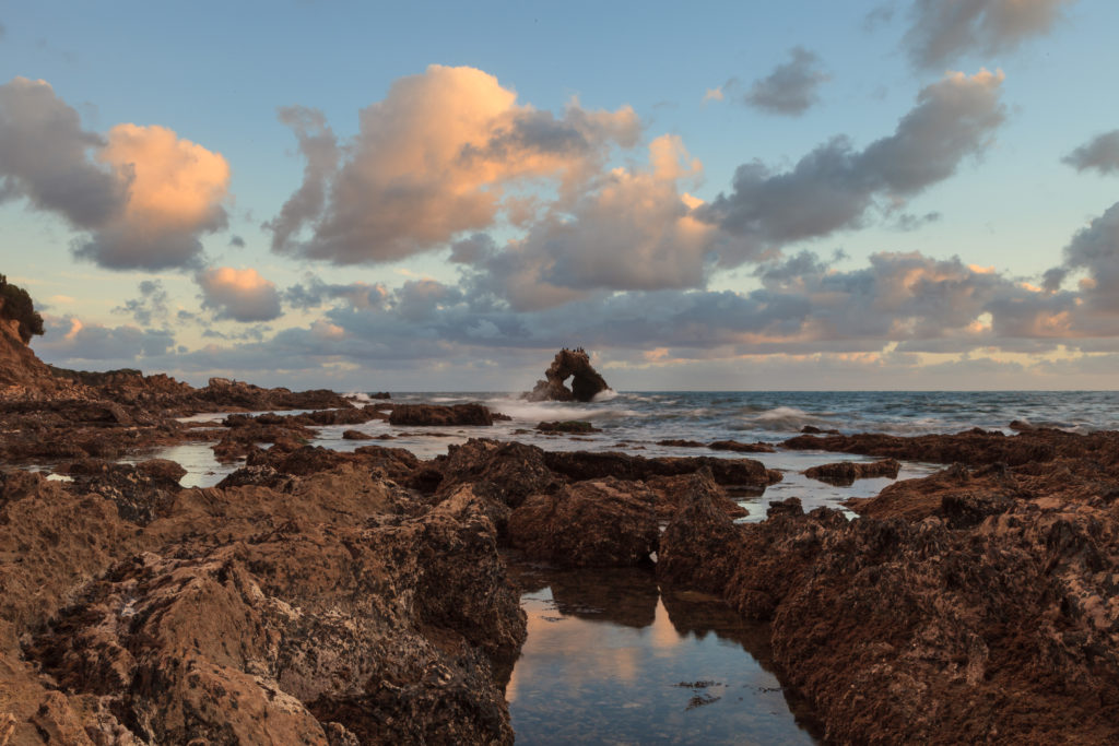 Robert E. Badham Marine Conservation Area Little Corona Beach tide pools at sunset.
