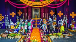 The Dia de los Muertos altar was on Display at the Basilica of Our Lady of Guadalupe in Mexico City, Mexico. This altar is dedicated as reverence to Our Lady of Guadalupe and rememberance of deceased love ones.