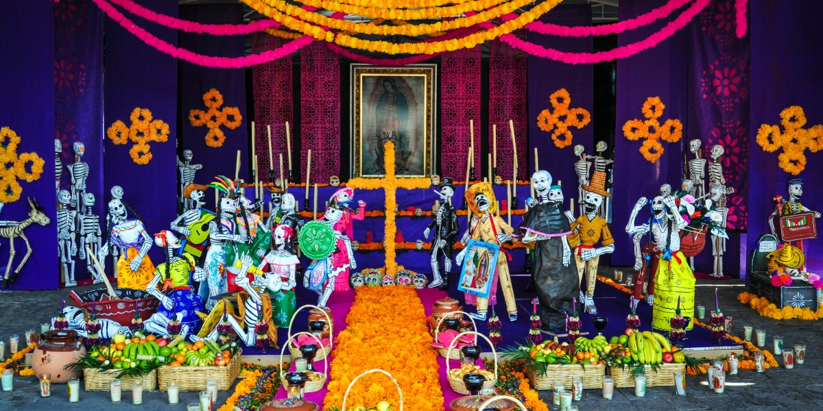 The Dia de los Muertos altar was on Display at the Basilica of Our Lady of Guadalupe in Mexico City, Mexico. This altar is dedicated as reverence to Our Lady of Guadalupe and rememberance of deceased love ones.