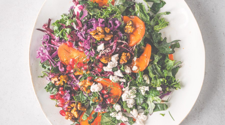 persimmon pomegranate salad with fig balsamic dressing