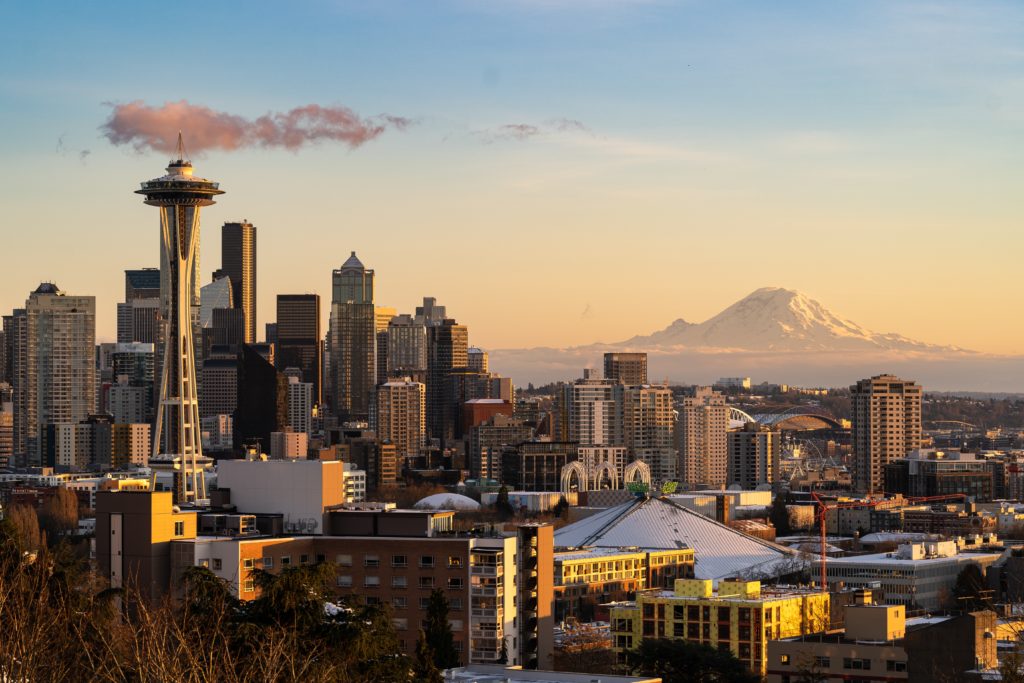 Seattle skyline featuring the Space Needle and Mt. Rainier