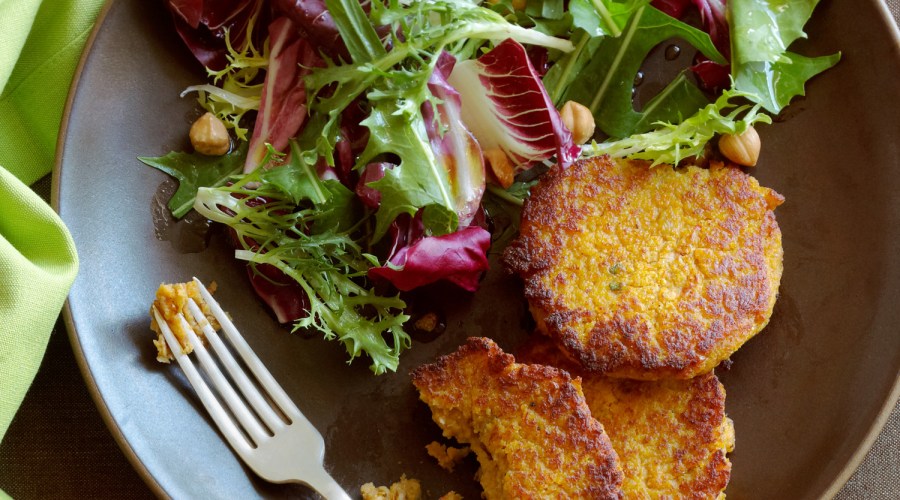 Squash and Chickpea Fritters with Winter Greens and Hazelnut Salad