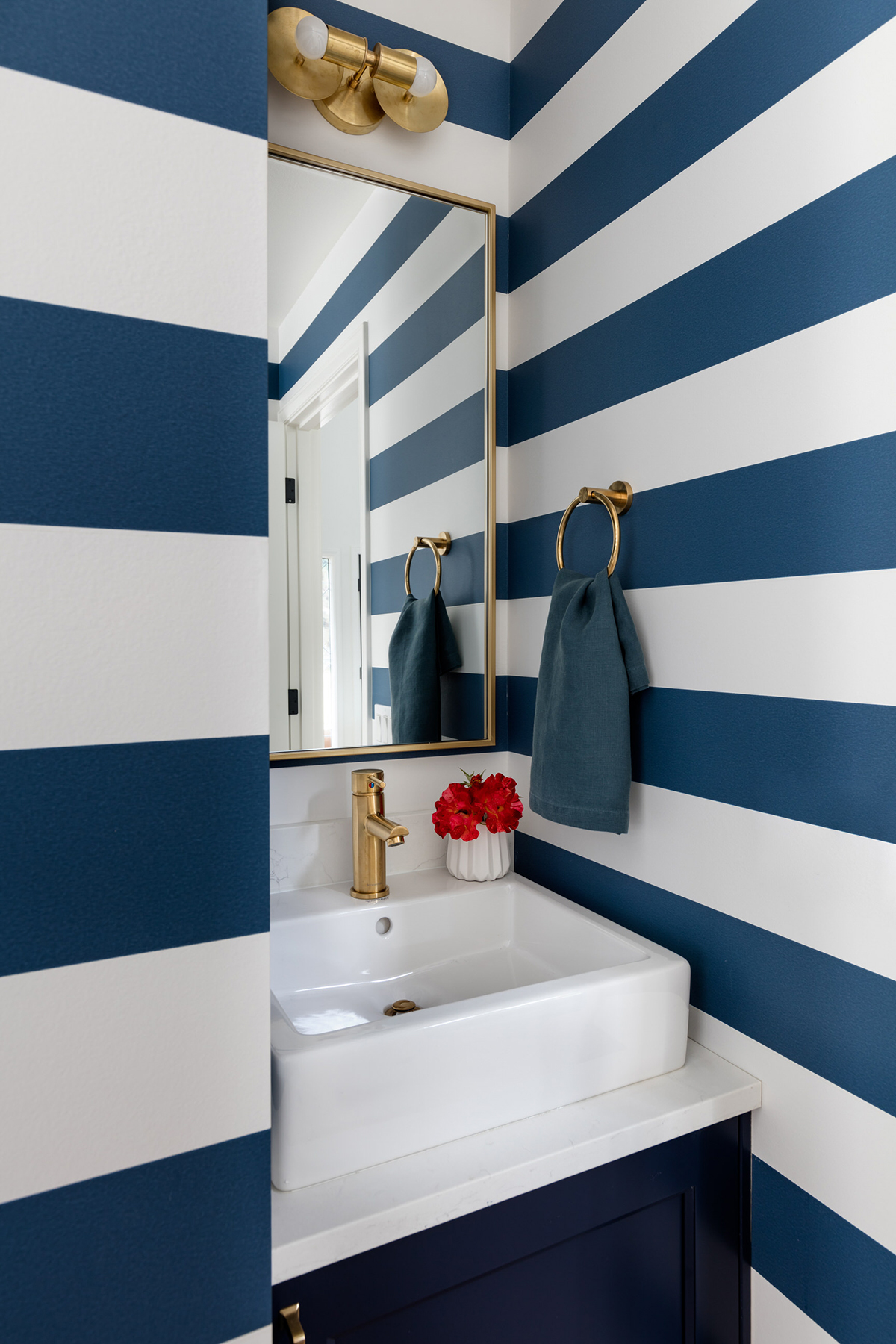Striped Powder Room in Lake Washington House