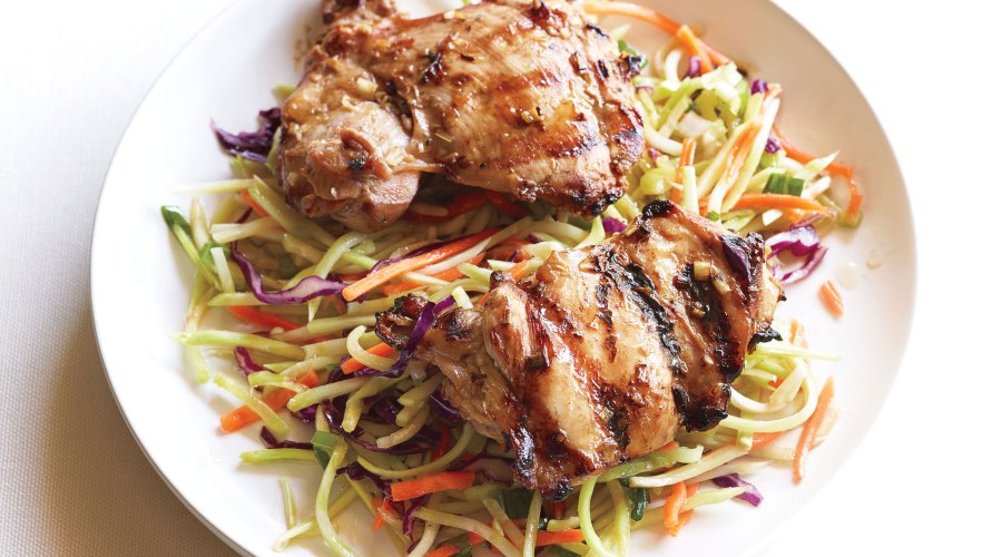 Grilled Thai Chicken Thighs with Spicy Broccoli Slaw