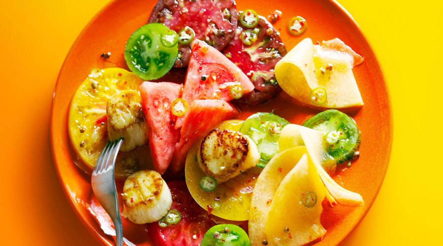 Tomato and Melon Salad with Scallops and Pink Peppercorns