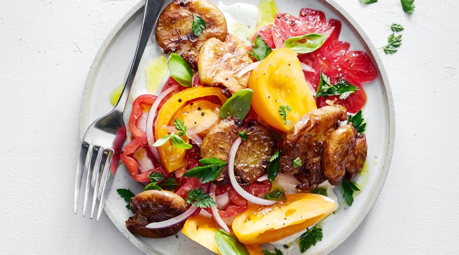 Tomato Salad with Crispy Potatoes and Creamy Feta