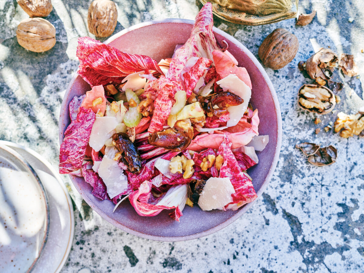 Chicories with Dates and Parmesan Walnut Vinaigrette