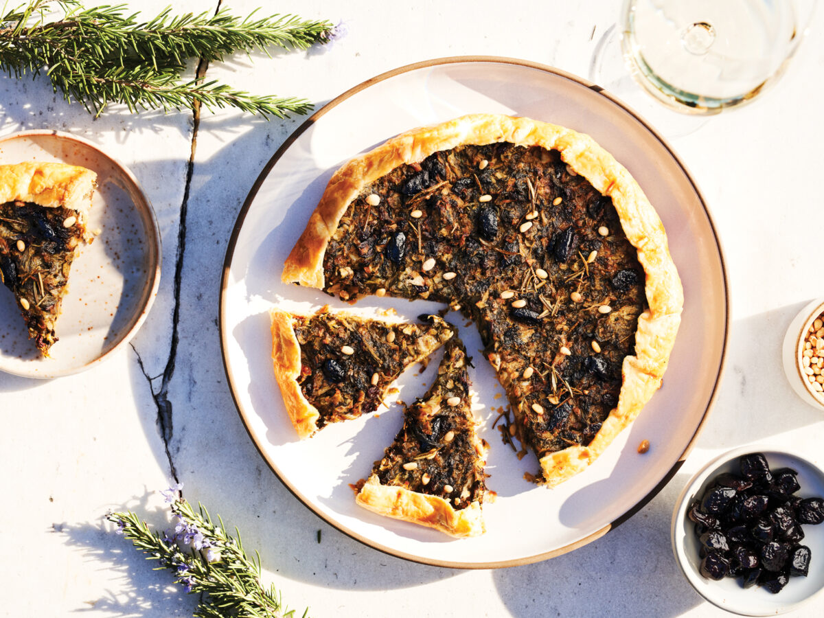 Escarole Galette with Black Olives and Pine Nuts