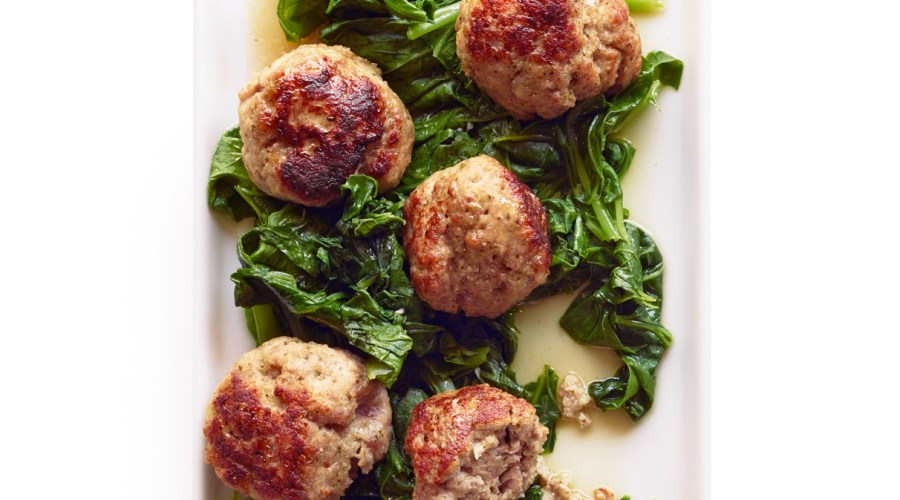 Giant Pork Meatballs with Bitter Greens