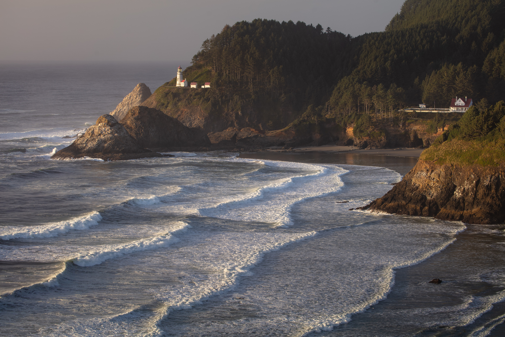 Heceta Head Lighthouse and Waves at Sunset