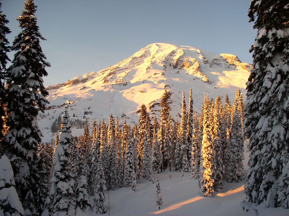 Mount Rainier at sunrise in winter