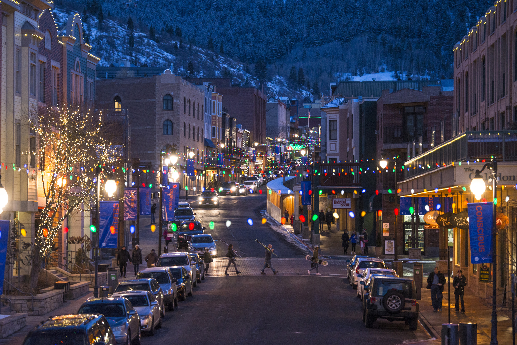 Park City's main street in winter at night