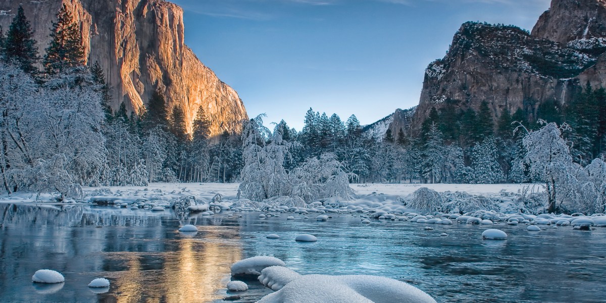 A sunrise over the Yosemite Valley floor coated with rime ice